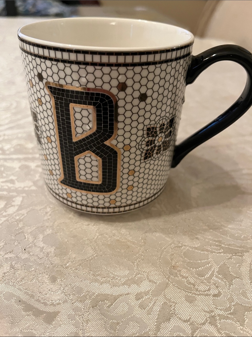 Anthropologie Black and Gold 'B' Monogram Ceramic Mug EUC
